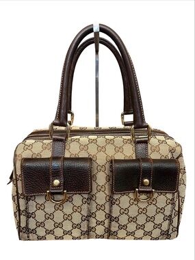 Gucci Brown Leather Trim Beige GG Canvas Satchel